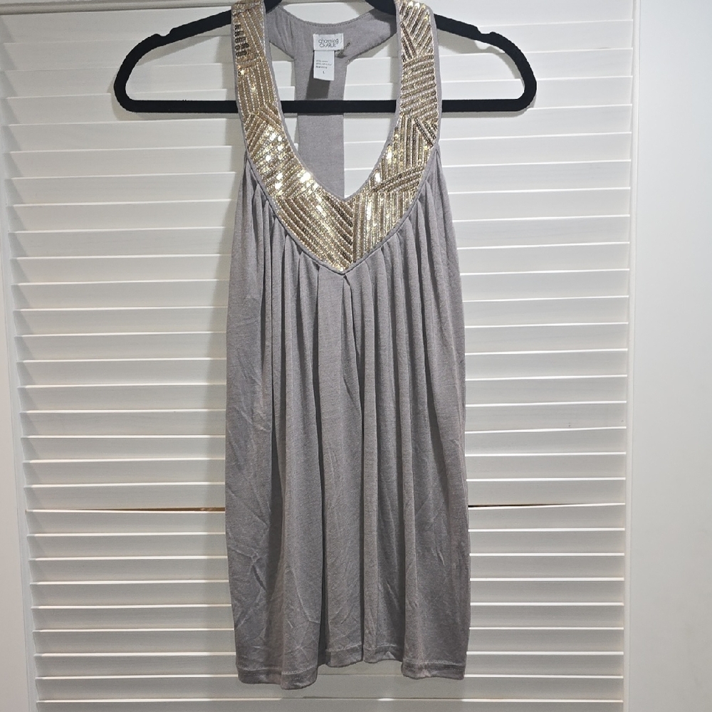 Charming Charlie Gray Blouse with Gold Accents